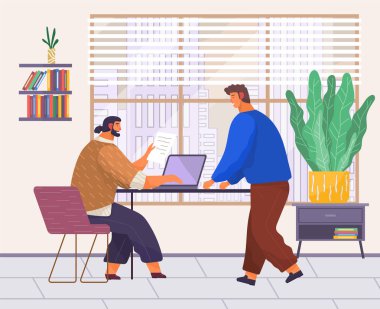 İş toplantısı, çalışma süreci. Yönetici yeni bir sözleşme için patrona danışıyor.