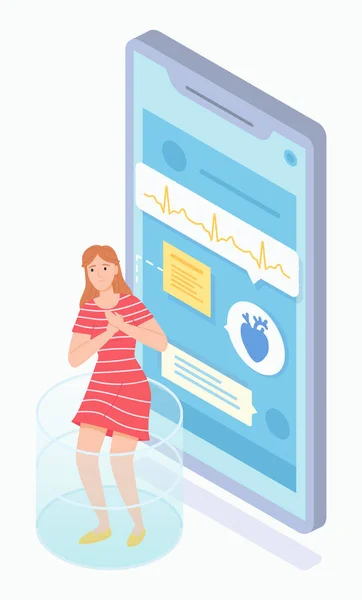 У женщины проблемы с сердцем, онлайн-кардиолог. Здравоохранение Изометрическое изображение — стоковый вектор