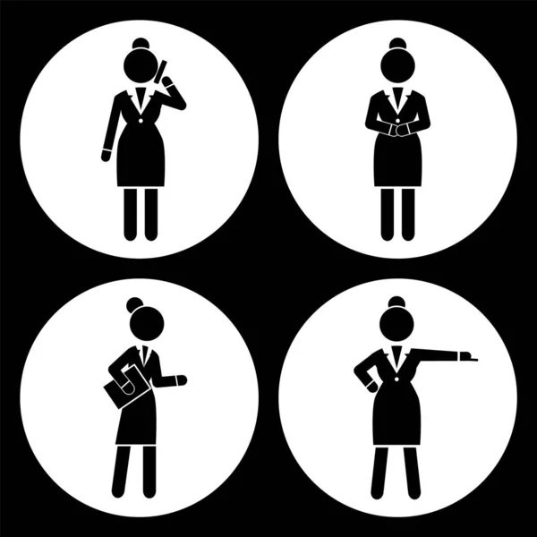 ビジネス女性の黒のシルエットのアイコンのラウンドフレームのセット。行動中の女性。実業家 — ストックベクタ