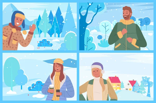 Smiling Man and Woman on Winter Snowy Land Vector — Stock Vector