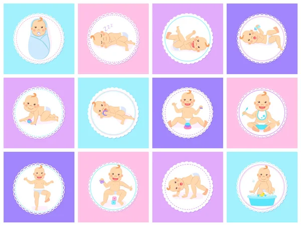 Set di cartoni animati con bambini piccoli carini in pannolino — Vettoriale Stock