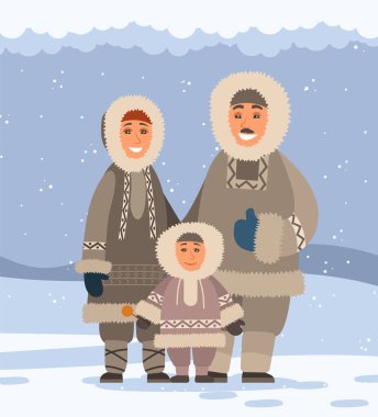 Geleneksel kürk elbiseli bir aile. Chukchee, kutup insanları. Sert kış, kar, soğuk