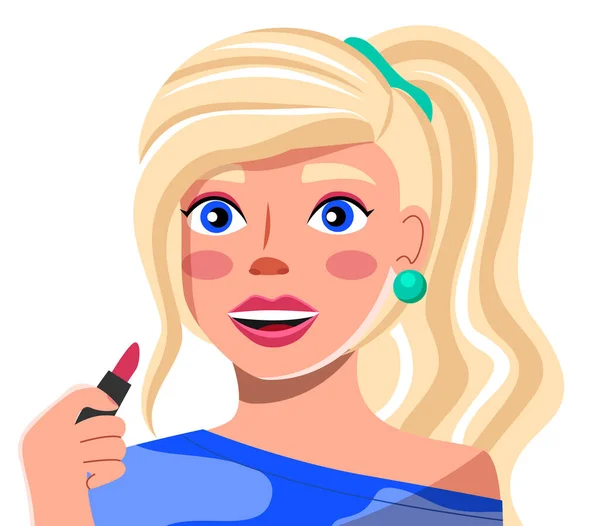 Junge Blondine mit Lippenstift in der Hand, aus nächster Nähe. Blogger, Streamer, Model. Pädagogische Meisterklasse — Stockvektor