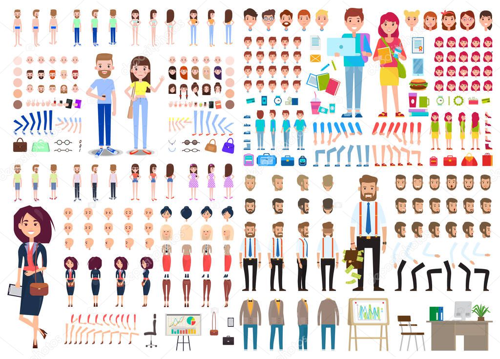 Huge set of game characters. DIY kit. Collection of bodies, poses, clothes. Front, side, back view