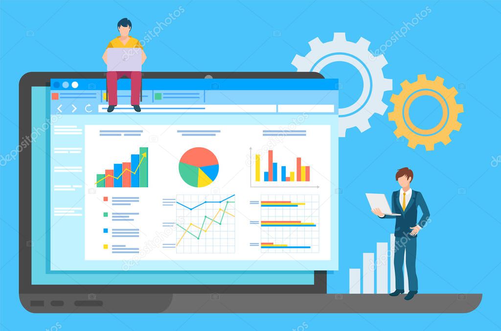 Business people male characters talking, communicating, discuss presentation graph and chart