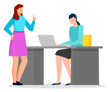 Dişiler Laptop Vektörüyle Tartışıyor ve Çalışıyor