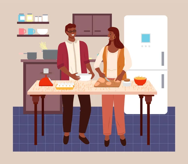 Evdeki mutfakta yemek hazırlayan bir çift. Adam kaseyi tutuyor, kadın ürünü veya eti kesiyor. Evde kal. — Stok Vektör