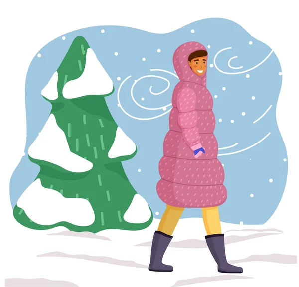 Een jong meisje in een lang roze jasje, capuchon, blauwe handschoenen. Een sneeuwstorm, sneeuwvlokken. Spar. Wintertijd — Stockvector