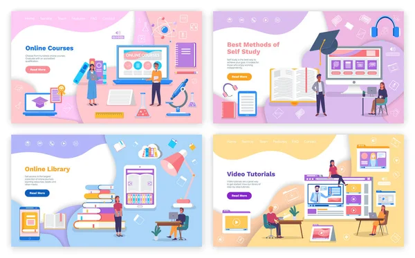 Modèle de site de formation. Auto-développement, cours en ligne, bibliothèques, tutoriels vidéo. — Image vectorielle