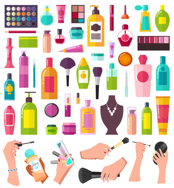 Maquiagem cosméticos suprimentos ícones ilustração vetorial. Produtos de maquiagem, conjunto de cuidados com o rosto e cabelo — Vetor de Stock