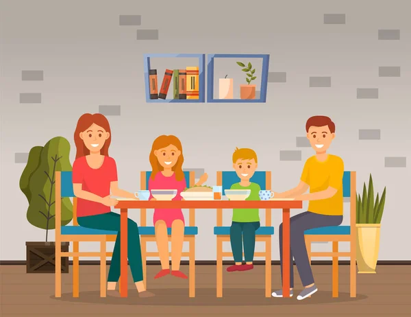 Familie maaltijd tijd. Pap, mam en kinderen aan tafel in de moderne eetkamer. Huis gezellige interieur — Stockvector