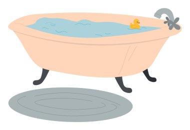 Dolu bir banyo küveti, ördek yavrusu, tüylü paspas. Rahatlama, çamaşır, om beyaz