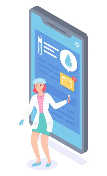 Asisten laboratorium chatting dengan pasien secara online. Layar smartphone dengan data tes dan diagnosis - Stok Vektor