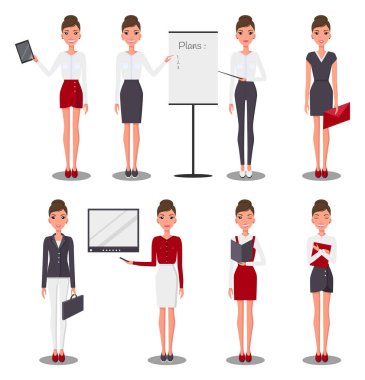 Sıska iş kadınlarından oluşan bir set. Çeşitli takım elbiseli kızlar. Kadınlar iş faaliyetleri yürütüyor