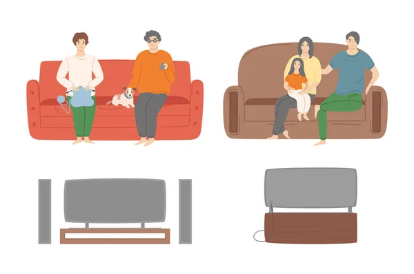 Persone che si rilassano a casa guardando serie TV — Vettoriale Stock