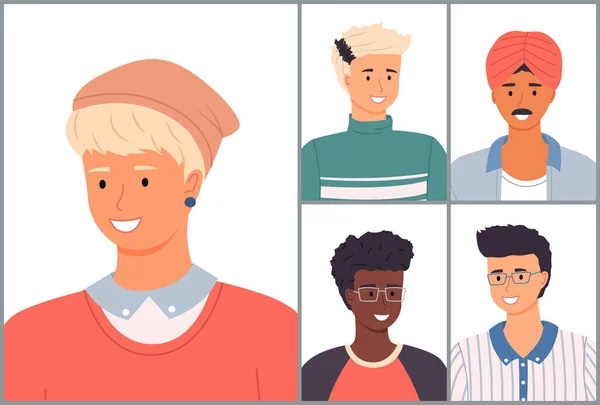 Düz dizayn edilmiş avatarlar. Pozitif gençler farklı milletler. Şık erkek yüzleri — Stok Vektör