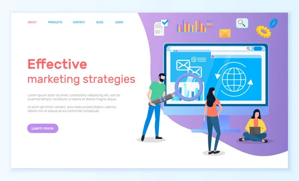 Las estrategias de marketing eficaces landing page con el equipo de analistas desarrollan un plan para aumentar las ventas — Vector de stock