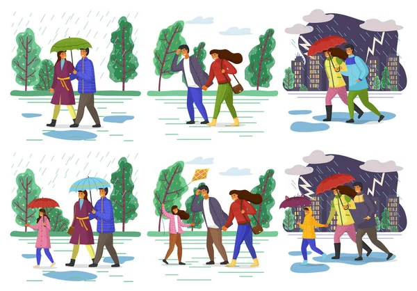 Familia caminando bajo la lluvia con sombrilla en temporada de otoño y con viento en el parque de la ciudad — Vector de stock