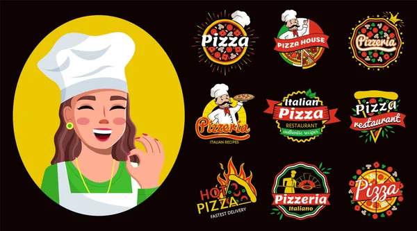 Σετ πιτσαρίας χειρόγραφη επιγραφή λογότυπο, ετικέτα, σήμα. Emblem για fast food εστιατόριο, πιτσαρία — Διανυσματικό Αρχείο