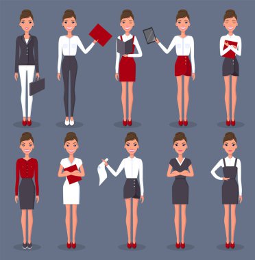Farklı pozlar veren iş kadını. İş kıyafetleri içinde güzel bir genç kadın.