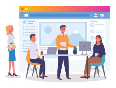 Ofis çalışanı karakterleri buluşma konsepti. İş adamı masada oturan meslektaşlarıyla konuşuyor.