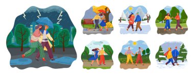 Çeşitli hava koşullarında yürüyen bir çift. Erkek ve kadın birlikte vakit geçirir, buluşurlar.