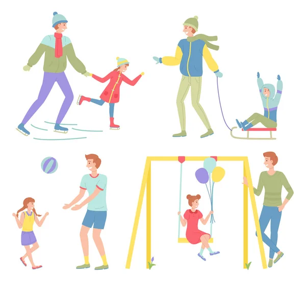 Família diferentes temporadas atividades ao ar livre, pai e filha andando, se divertindo juntos — Vetor de Stock