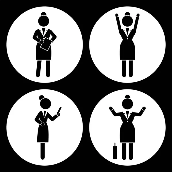 Conjunto de mulher de negócios silhuetas pretas ícones em quadros redondos. Mulheres em acção. Empresária — Vetor de Stock