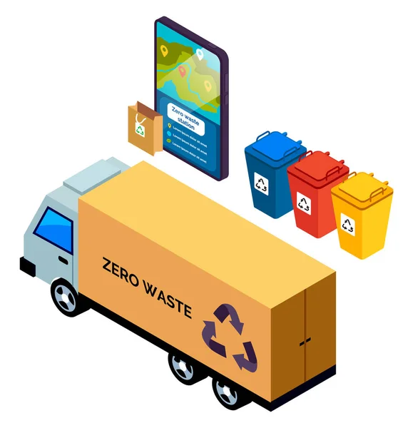 Kamyon, kamyon, çöp torbalı otomobil, çöp bidonları, sıfır atık istasyonlu uygulama — Stok Vektör