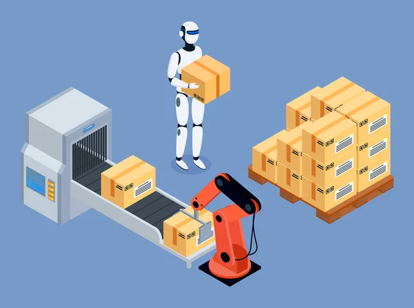 Proceso de sistema de embalaje industrial con brazo robótico y cargador trabajando en cinta transportadora automatizada — Archivo Imágenes Vectoriales