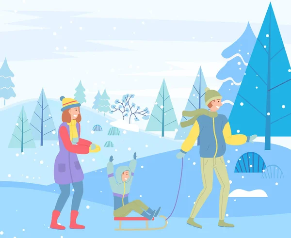 冬の散歩中の父、母、息子、そりに乗っている父は雪の森で楽しみを持っています — ストックベクタ