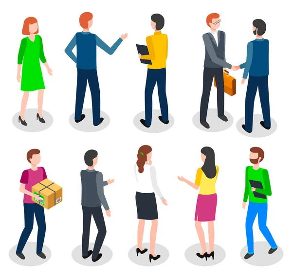 Empresarios diferentes personajes conjunto. Compañeros y compañeras, grupo de personas hablando — Vector de stock