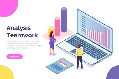 İş sayfası şablonu. Analitik verileri ve grafikleri olan bir adam ve kadın Arge dizüstü bilgisayarının yanında. Düz resim