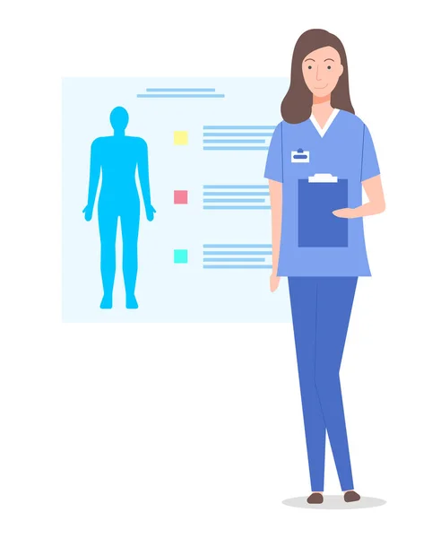 Ilustración de médico o enfermero con portapapeles. Historia clínica, prescripción, informe de marcas de verificación — Vector de stock