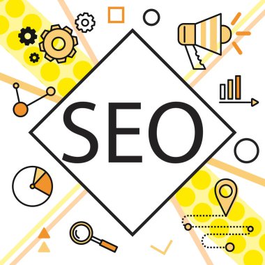 Bilgi grafikleri arkaplan seo optimizasyonu. Kare çerçevede beyaz arkaplan üzerine SEO kavramı
