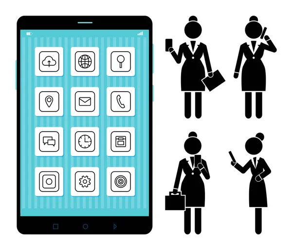 Impostazione di icone di comunicazione di navigazione per applicazioni di telefonia mobile, concetto di conversazione aziendale — Vettoriale Stock