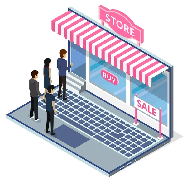 Shoppers line up at conceptual online store on large laptop screen. Cartoon store showcase — Stock Vector