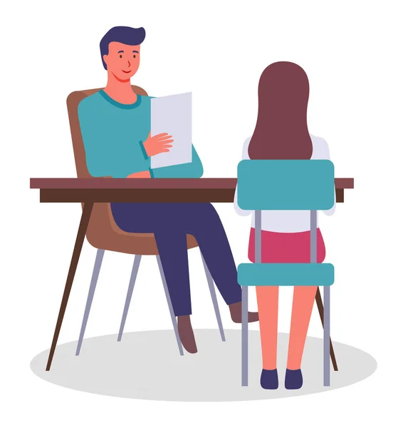 Muž u stolu rozhovory nebo rozhovory s dívkou, zadní pohled. Kancelářští zaměstnanci, společníci, kolegové — Stockový vektor