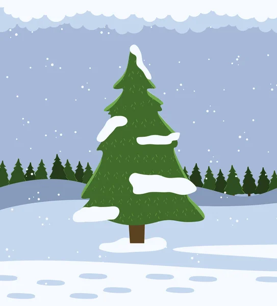 Paysage hivernal avec sapins et neige tombante, forêt d'épinettes à l'horizon derrière une colline enneigée — Image vectorielle