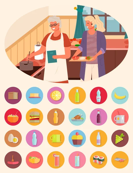Abuela y nieta cocinar juntos conjunto — Vector de stock
