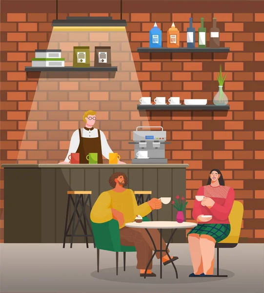 Amigos cenan en el interior de un café cerca de un moderno mostrador de madera con barista masculino en la cafetería — Vector de stock