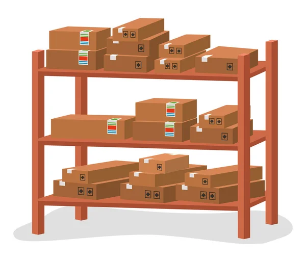 Bastidores con cajas aisladas. Contenedores de cartón en estantes de madera, equipo de almacenamiento — Vector de stock