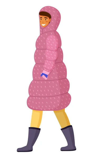 Chica joven con una chaqueta larga rosa, capucha, guantes azules. Tiempo helado de invierno. Imagen de vector plano — Archivo Imágenes Vectoriales