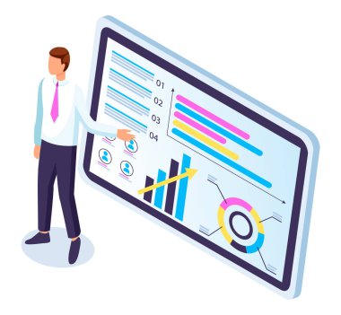 İş adamı istatistiksel bir rapor sunuyor. Analiz ve planlama sektörü