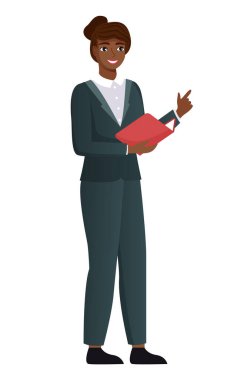 Düz stil ikon giymiş vektör kadın. Koyu tenli, beyaz tenli kadın karakter.