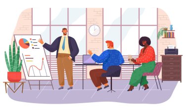 Erkek çalışanlar bar ve turta tablolarını gösteriyorlar. Erkek ve kadın aletler kullanır. Ofis çalışanları