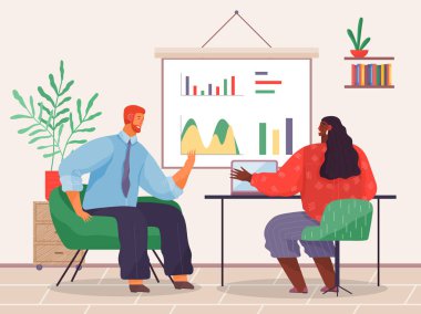 Ofis çalışanları. İş arkadaşları. Meslektaşlar proje takım çalışmasını tartışırlar. Ofis çalışanları iş ve iletişim