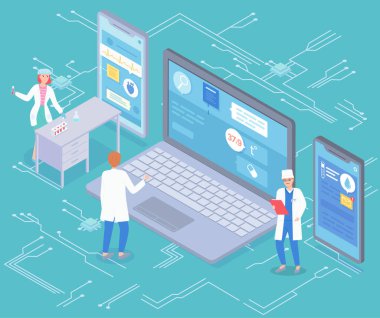 Laboratuvar asistanı ve doktorların modern cihazlarla hastalara uzaktan danışmanlık yapmasının farklı bir görüntüsü.