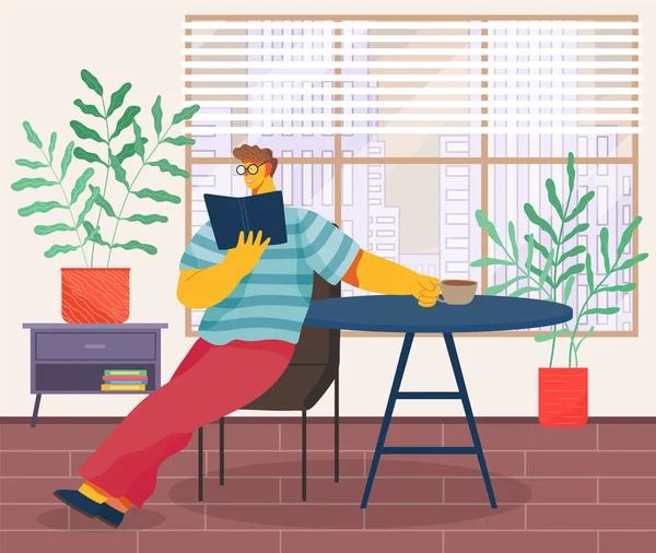 Jeune homme assis sur une chaise et lisant un livre vectoriel illustration salon ou bureau endroit pour se détendre — Image vectorielle