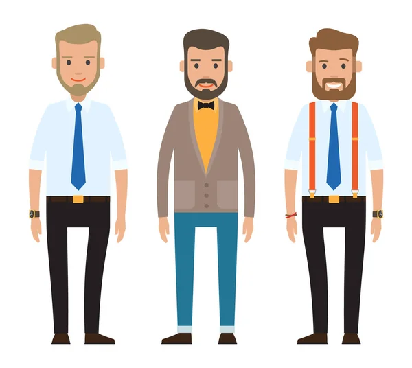 Conjunto de imágenes de hombres de negocios. Hombres con ropa moderna y cortes de pelo elegantes de pie y sonriendo — Vector de stock